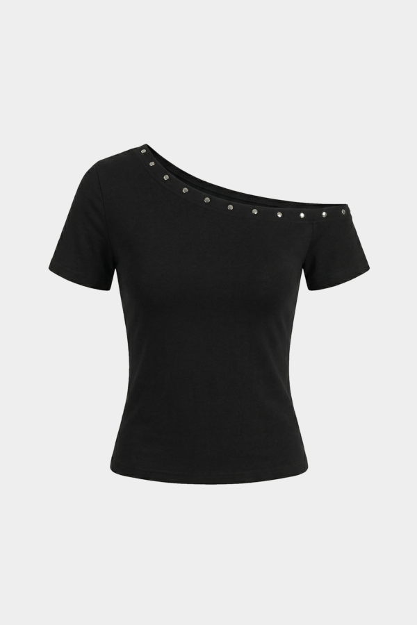 Black Slant Shoulder Crop Top | Y2K Off-Shoulder Streetwear Tee