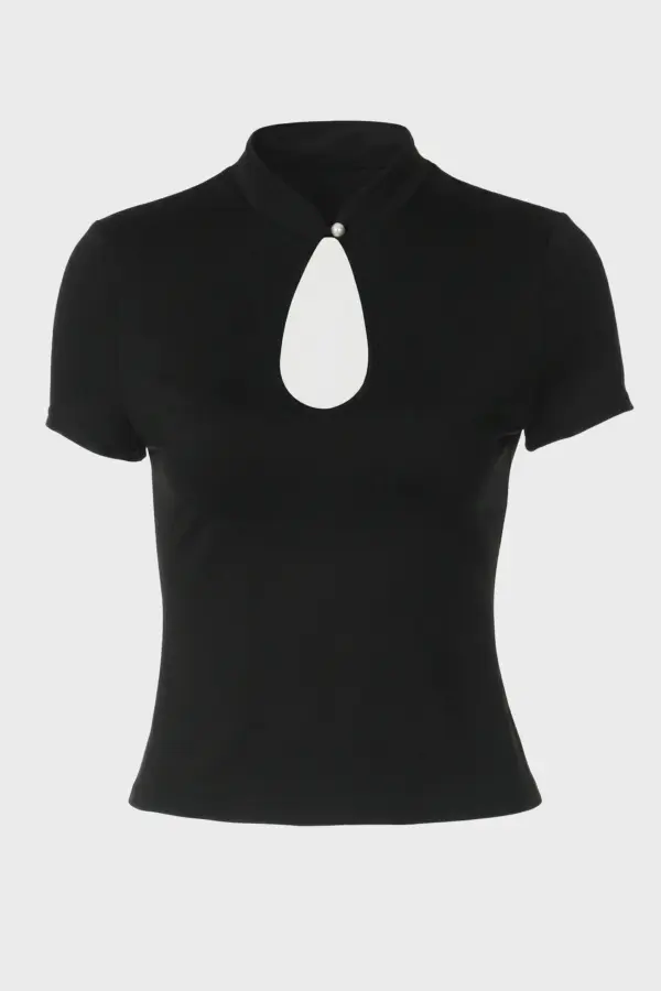 Y2K Mandarin Collar Knot Button Hollow-Out Top | Chinese Style Tee