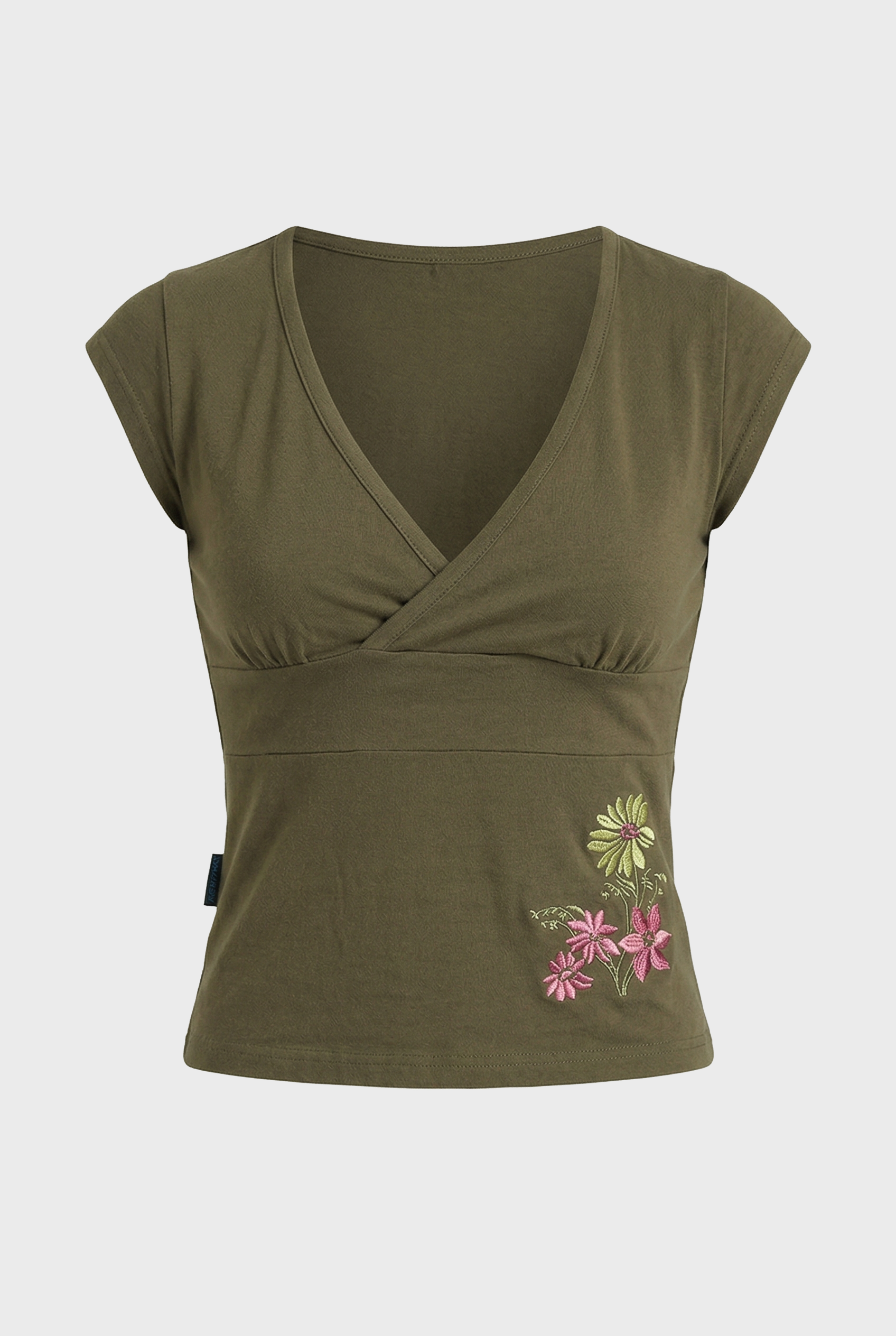 Retro Floral Embroidery V-Neck Cap Sleeve Top | Y2K Slim Fit