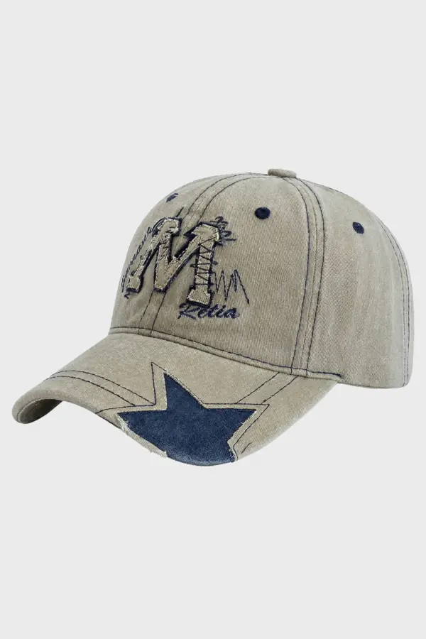 Retro Baseball Cap with M Letter Embroidery | Washed Star Dad Hat