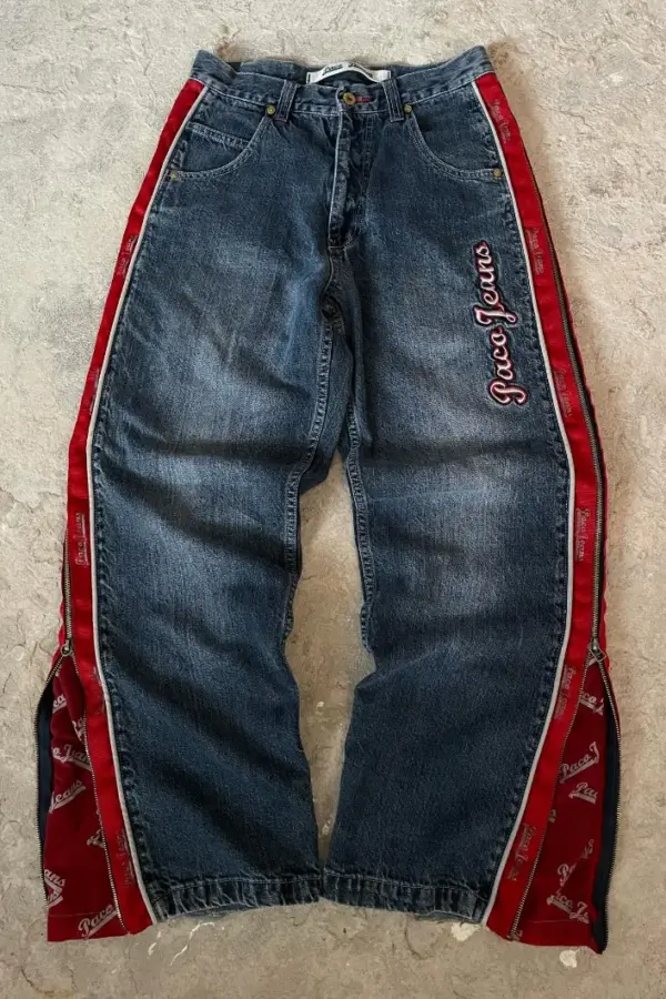 Y2K Letter Embroidery Baggy Jeans | Gothic Red Zipper Wide-Leg Trousers