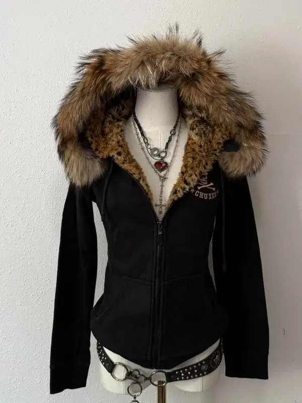Y2K Skull Embroidery Fur Collar Padded Coat | Harajuku Hip Hop Jacket