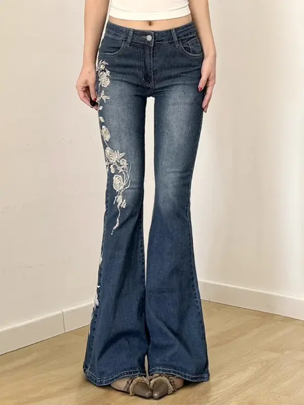 Y2K Floral Embroidered Flared Jeans