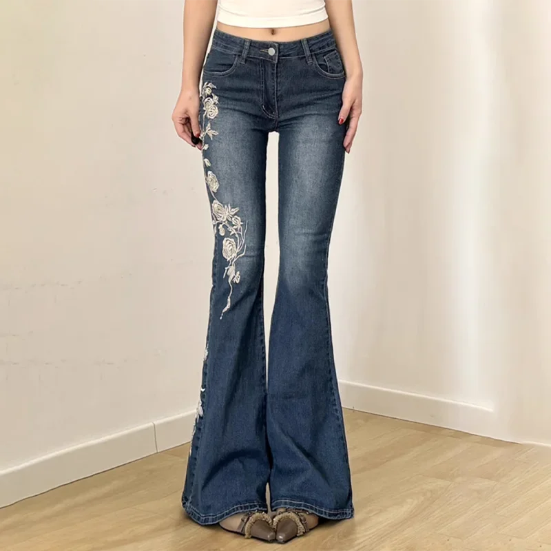 Y2K Floral Embroidered Flared Jeans
