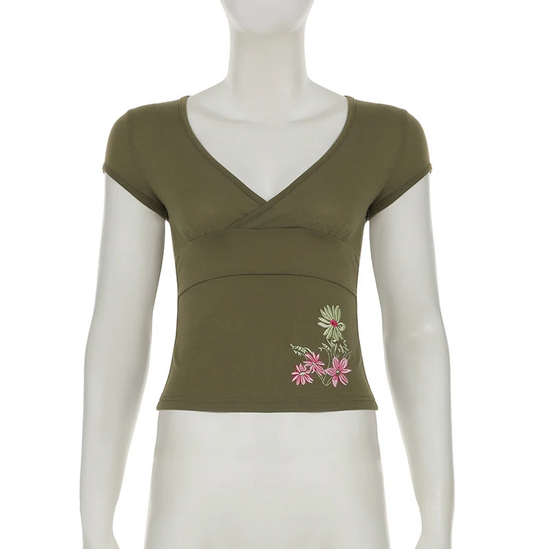 Retro Floral Embroidery V-Neck Cap Sleeve Top | Y2K Slim Fit - Image 2
