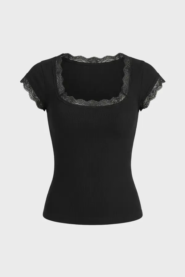 Y2K Lace Patchwork Crop Top | Harajuku Square Neck Tee