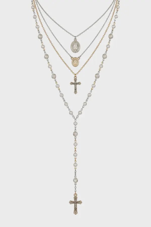 Cross Pearl Multi-Layer Bead Necklace Set | Vintage Y2K Charm Jewelry