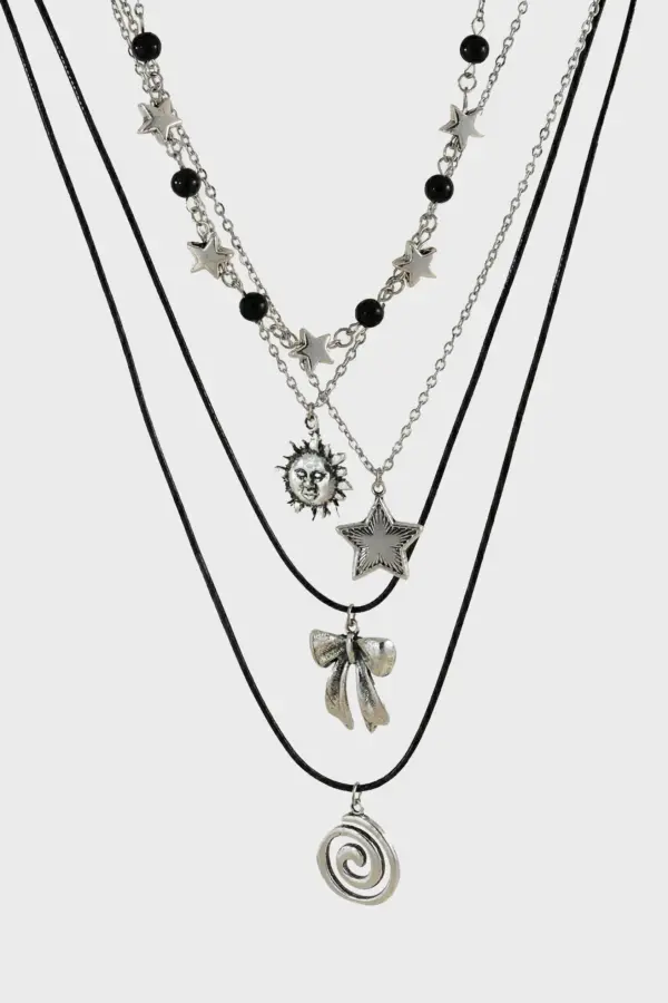 Gothic Silver Layered Necklace Set (4pcs) | Y2K Sun Star Bow Pendant Jewelry