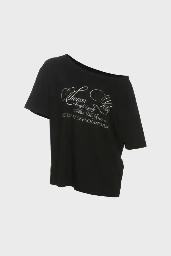 Oversized One-Shoulder Letter Print Top | Y2K Vintage Street Tee