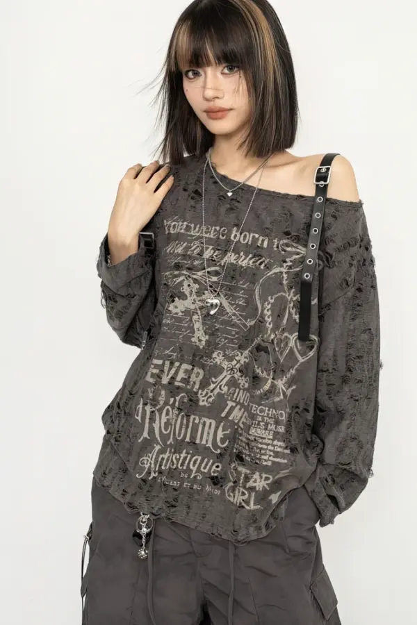 Y2K Distressed Off-Shoulder Long Sleeve Tee