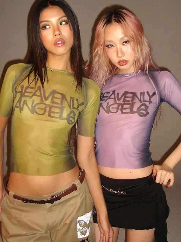 Y2K Sheer Letter Print Graphic Crop Top