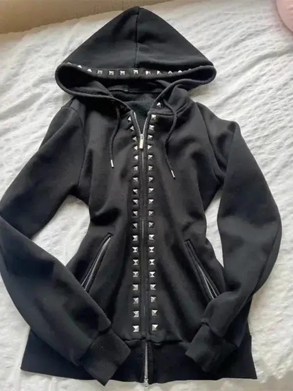 Y2K Gothic Rivet Zipper Hoodie - Black Oversized
