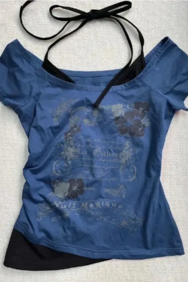 Y2K Floral Halter Lace-Up Off-Shoulder Print Tee