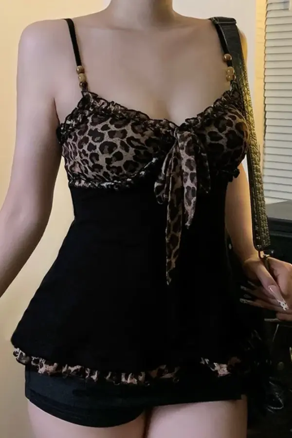 Y2K Leopard Patchwork Lace-Up Crop Camisole