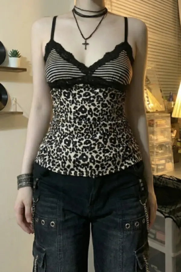 Y2K Leopard Lace Patchwork Spaghetti Strap Camisole